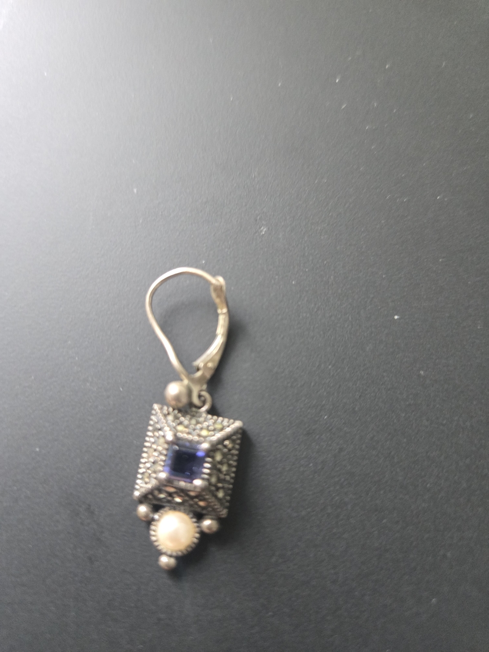 Single Silver-Tone Drop Earring with Purple Stone and Pearl Accent